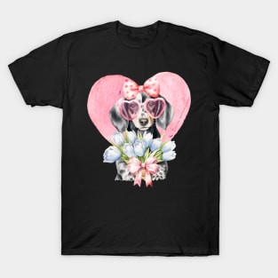 Valentine Grey Dachshund Heart and Flowers T-Shirt